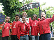 Headteacher Linda Carter with Christ Church Primary children