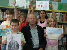 John Burningham with Isaac Gruber of New End School, Edith Keays of Christchurch School, Judith Logue of Gospel Oak, Isabel Donaldson of St Christopher’s, and Melissa Benham of Gospel Oak