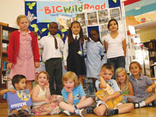 Belsize book worms... from back left: Gabrielle Tuffs, Emmanuel Osei-Yeboah, Phoebe Linane, Hanna Osei-Yeboah and Oshia Rahmani, front left: Robert Rejna, Leah Cooke, Joshua Larkin, Mark Rejna, Mia Blackbourn and Carolina Fletcher at the Big Wild Read pa