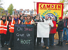 Teachers form a picket line outside Parliament Hill School yesterday 