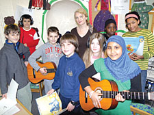 Year 6 pupils from Christopher Hatton Primary School with headteacher Gwen Lee