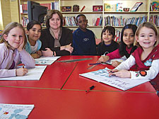 Year 3 pupils, from left, Seah Dragomir-Polya, Frishta Kakar, Tyreke Reid, Pochara Charoensuk, Afsana Hoque and Francesca Bell with Beckford Primary School's headteacher Dilys Hoffman 