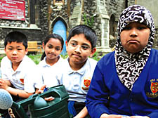 Holy Trinity and St Silas School pupils missing their bench, from right, Tasnima, Jamil, Sadia and Lewis