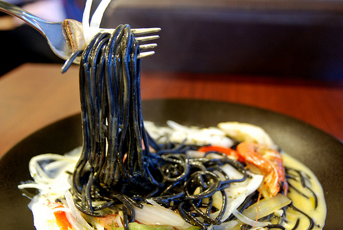 Squid ink spaghetti with seafood