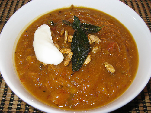 Chilli roasted ­butternut squash soup with prawns