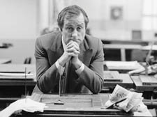 Harold Evans in a deserted newsroom during the year the Sunday Times was shut down