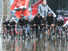 Boris Johnson and Olympic star James Cracknell lead young cyclists on a ride across Trafalgar Square