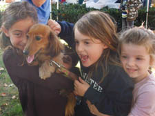 Lola the miniature dachshund’s owner Emily and friends celebrate the award of runner-up as best in show – the winner was a spaniel called Issy